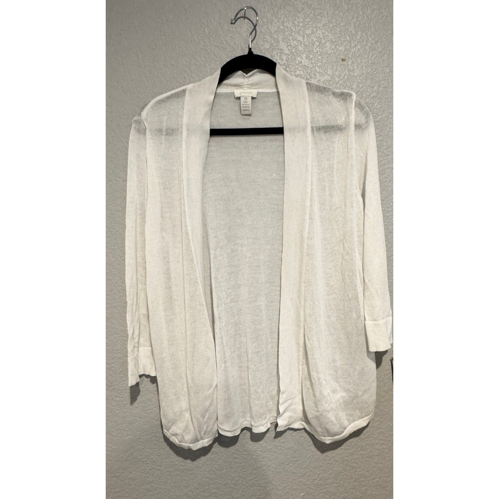 Chico's White Open Front Cardigan Sheer Knit 3/4 Sleeve Size 0 Small